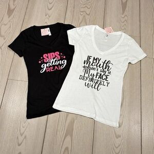 NWT Set of 2 Next Level Women’s Custom Funny Sarcastic Graphic V-Neck Tees Sz S